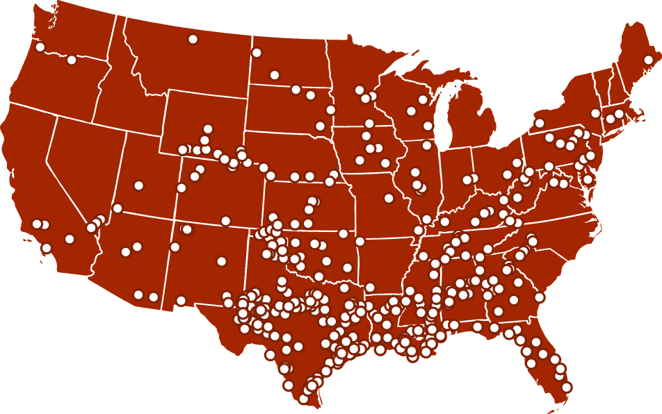 United States map with over 700 pins of all the locations where Ranger has completed Natural gas infrastructure construction projects